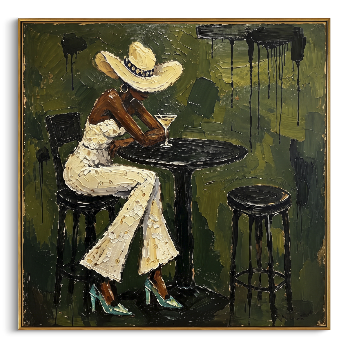 "Olive Cafe White Suit Figure" - Modern Heavy Impasto Beach Figure Artwork | Green & Beige Palette Knife Painting | Luxury Square Wall Art #PT 2687