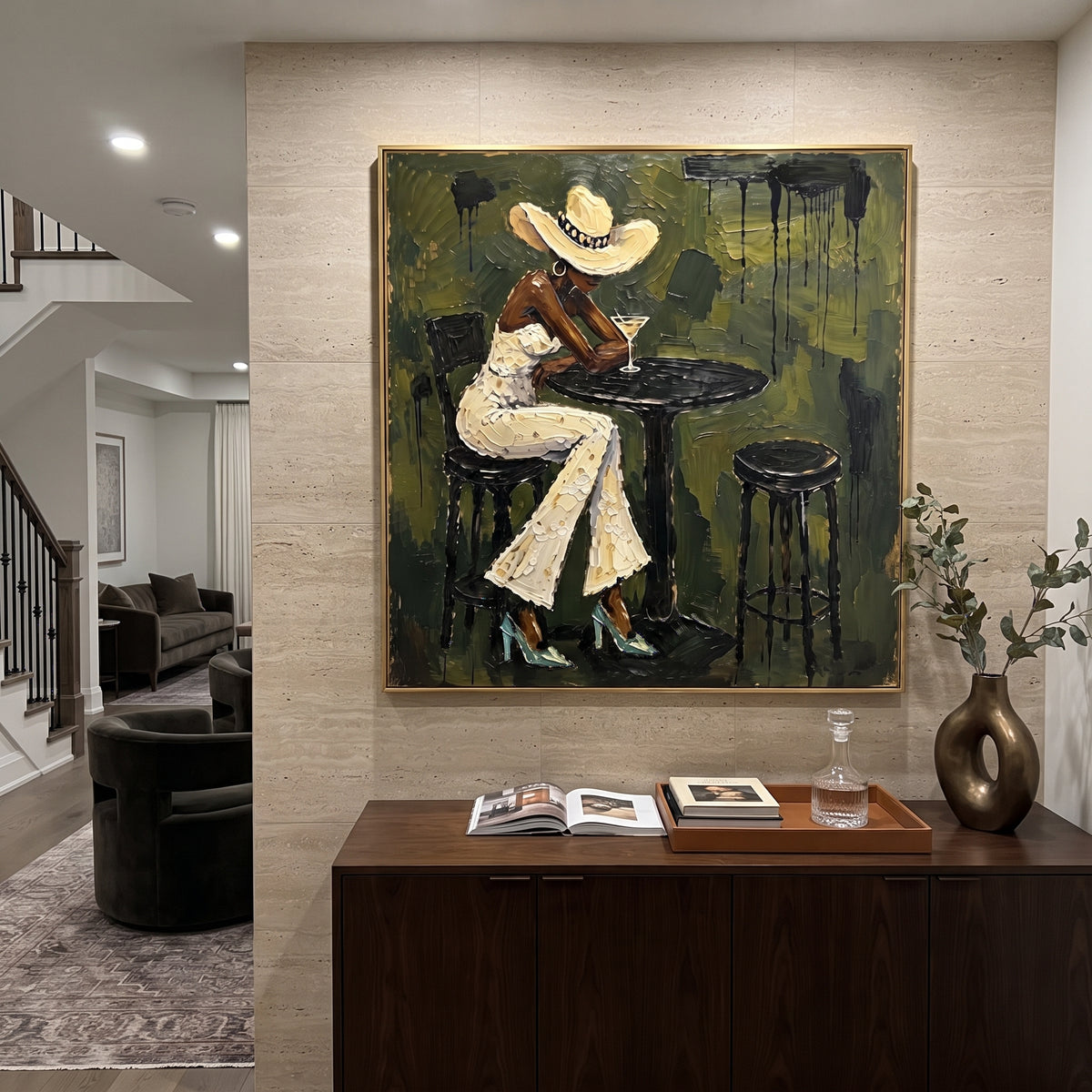 Olive Cafe White Suit Figure focuses on woman in white suit and wide hat seated at black round cafe table on olive wall. The composition is built from the exact pose, clothing shape, accessories, furniture, animal form, shoreline, palm shape, surfboard, or table arrangement visible in this artwork, so the image reads as a specific modern figurative painting rather than a generic decorative abstract. The olive; cream; black palette gives the piece its main atmosphere, while smaller dark and light
