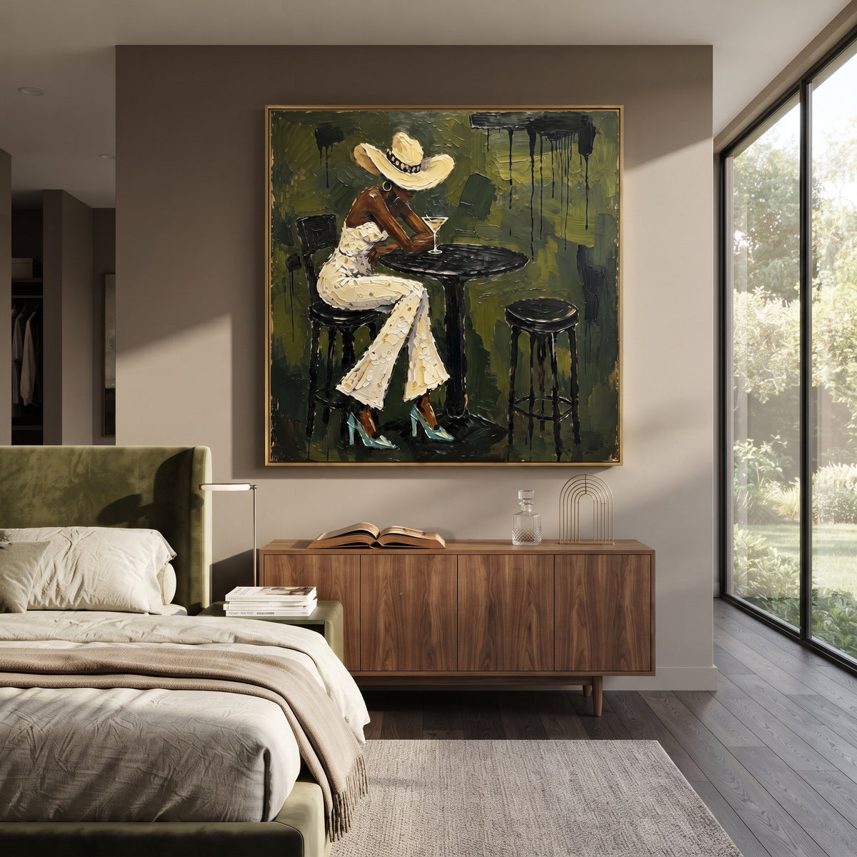Olive Cafe White Suit Figure focuses on woman in white suit and wide hat seated at black round cafe table on olive wall. The composition is built from the exact pose, clothing shape, accessories, furniture, animal form, shoreline, palm shape, surfboard, or table arrangement visible in this artwork, so the image reads as a specific modern figurative painting rather than a generic decorative abstract. The olive; cream; black palette gives the piece its main atmosphere, while smaller dark and light