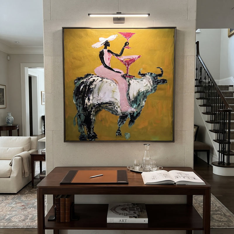 "Pink Bull Martini Rider" - Modern Heavy Impasto Beach Figure Artwork | Pink & Yellow Palette Knife Painting | Luxury Square Wall Art #PT 2688