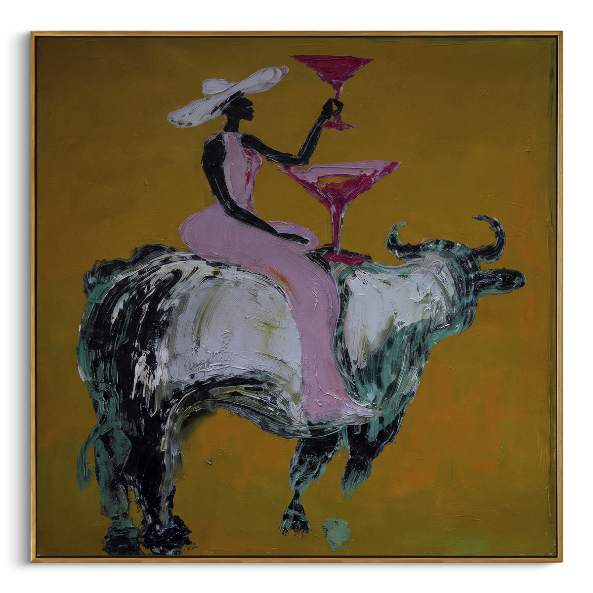 "Pink Bull Martini Rider" - Modern Heavy Impasto Beach Figure Artwork | Pink & Yellow Palette Knife Painting | Luxury Square Wall Art #PT 2688