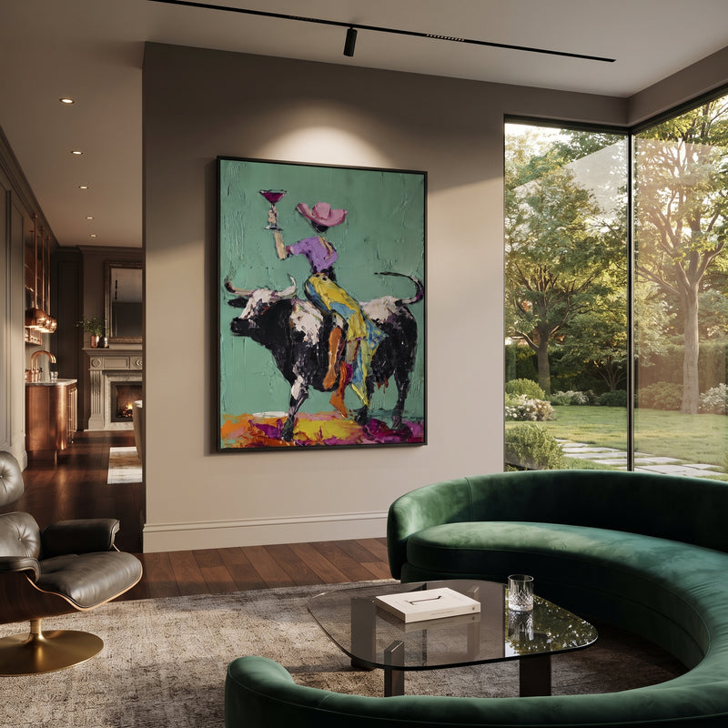 "Mint Bull Yellow Rider" - Modern Heavy Impasto Beach Figure Artwork | Green & Yellow Palette Knife Painting | Luxury Vertical Wall Art #PT 2689
