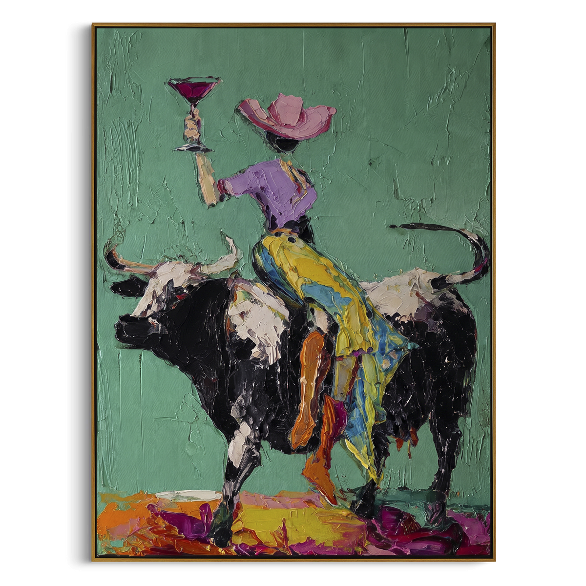 "Mint Bull Yellow Rider" - Modern Heavy Impasto Beach Figure Artwork | Green & Yellow Palette Knife Painting | Luxury Vertical Wall Art #PT 2689
