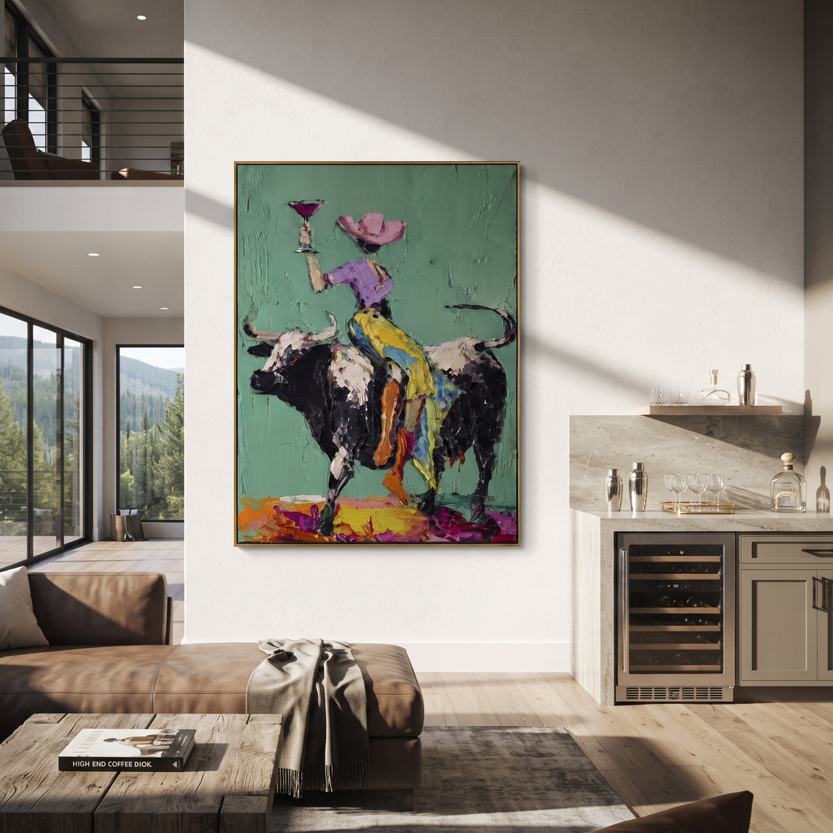 Mint Bull Yellow Rider focuses on yellow-pants rider on black and white bull holding pink martini on mint background. The composition is built from the exact pose, clothing shape, accessories, furniture, animal form, shoreline, palm shape, surfboard, or table arrangement visible in this artwork, so the image reads as a specific modern figurative painting rather than a generic decorative abstract. The mint; yellow; black palette gives the piece its main atmosphere, while smaller dark and light