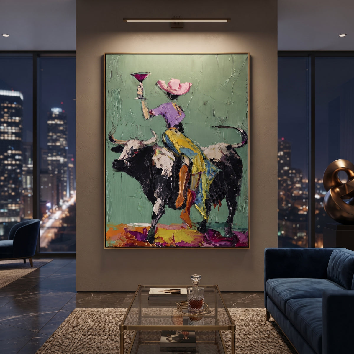 Mint Bull Yellow Rider focuses on yellow-pants rider on black and white bull holding pink martini on mint background. The composition is built from the exact pose, clothing shape, accessories, furniture, animal form, shoreline, palm shape, surfboard, or table arrangement visible in this artwork, so the image reads as a specific modern figurative painting rather than a generic decorative abstract. The mint; yellow; black palette gives the piece its main atmosphere, while smaller dark and light