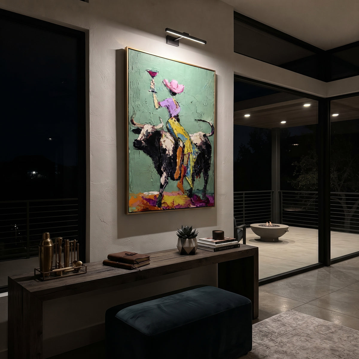 Mint Bull Yellow Rider focuses on yellow-pants rider on black and white bull holding pink martini on mint background. The composition is built from the exact pose, clothing shape, accessories, furniture, animal form, shoreline, palm shape, surfboard, or table arrangement visible in this artwork, so the image reads as a specific modern figurative painting rather than a generic decorative abstract. The mint; yellow; black palette gives the piece its main atmosphere, while smaller dark and light
