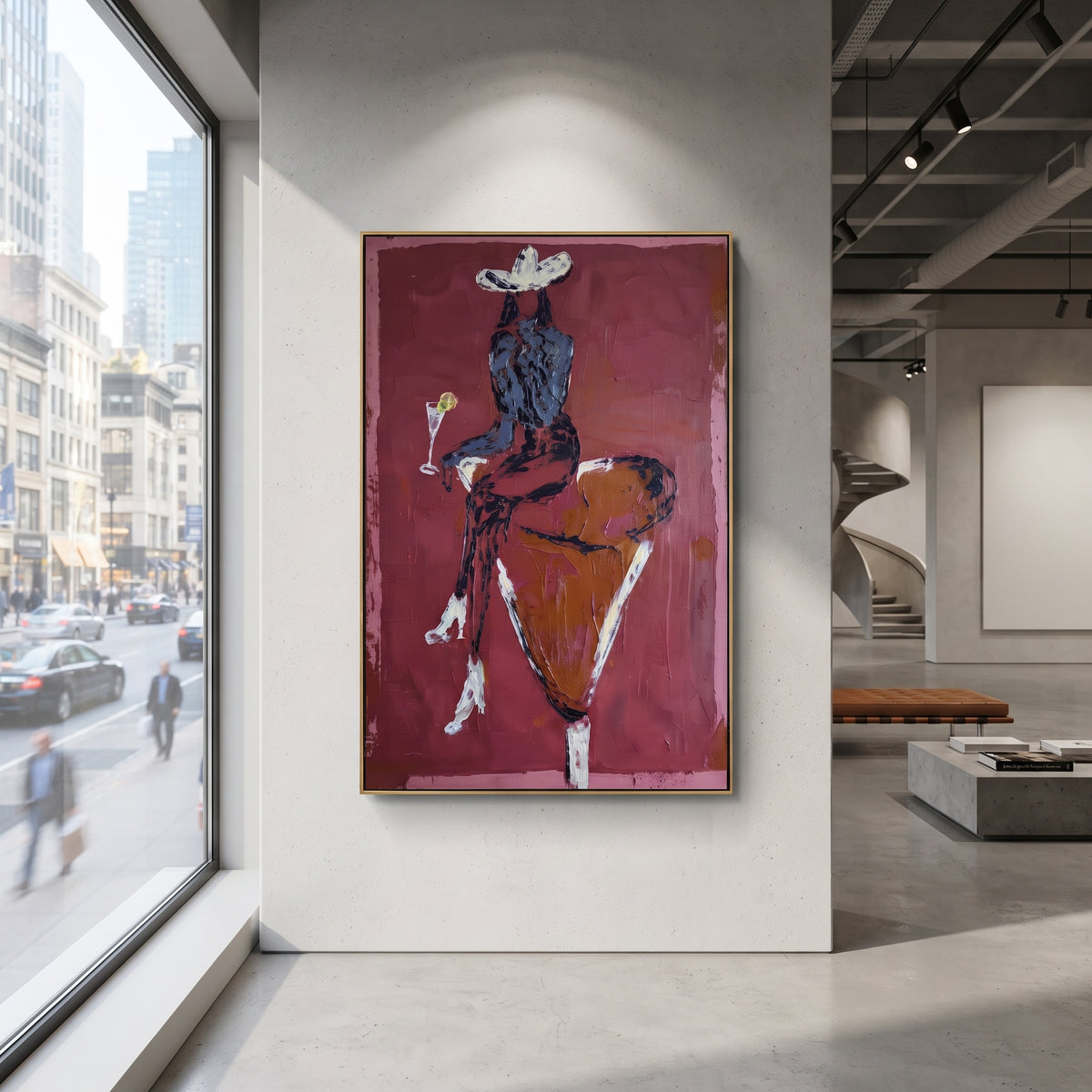 Red Back Bull Rider focuses on back view rider on orange bull with white hat, martini glass, and rose red ground. The composition is built from the exact pose, clothing shape, accessories, furniture, animal form, shoreline, palm shape, surfboard, or table arrangement visible in this artwork, so the image reads as a specific modern figurative painting rather than a generic decorative abstract. The red; orange; white palette gives the piece its main atmosphere, while smaller dark and light accents
