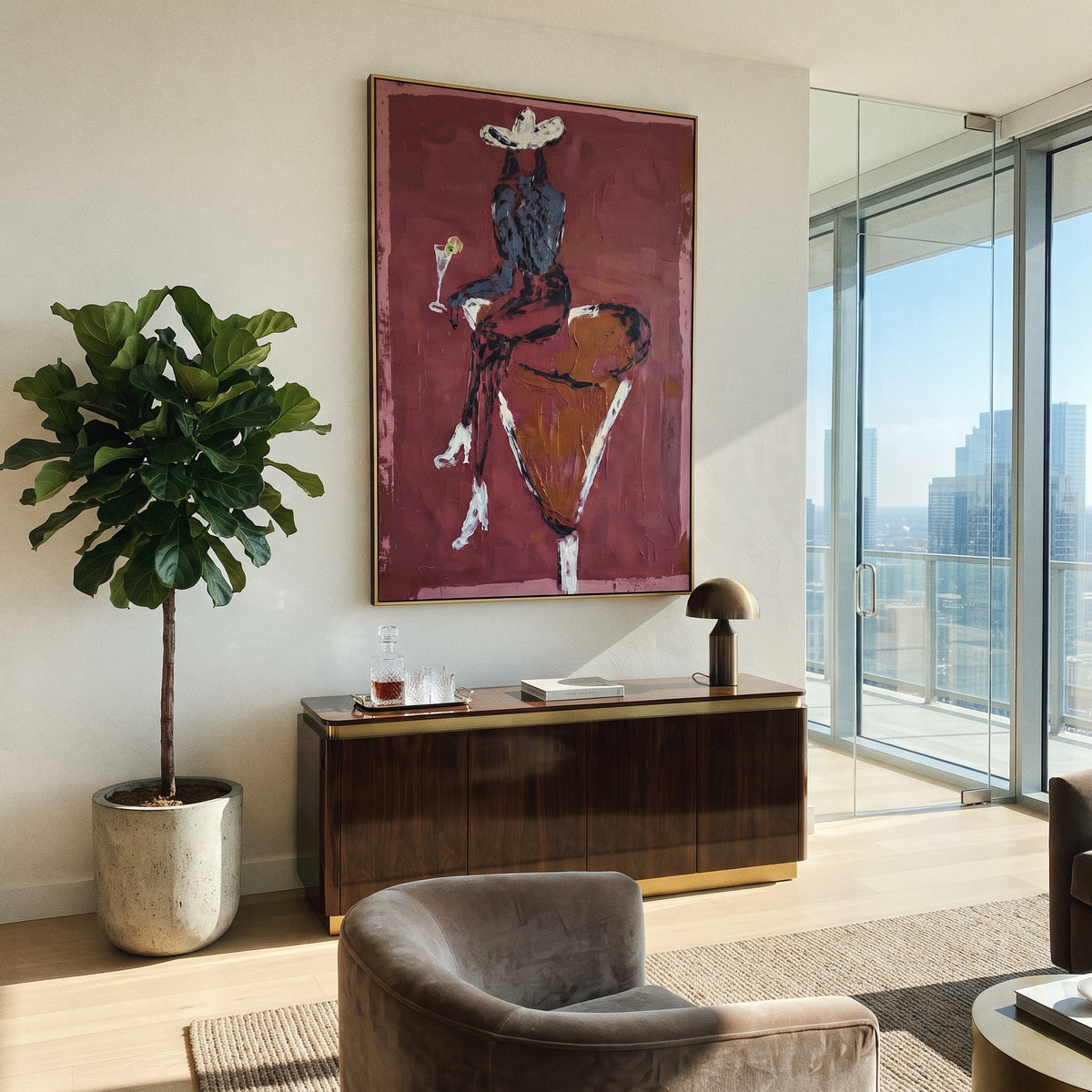 Red Back Bull Rider focuses on back view rider on orange bull with white hat, martini glass, and rose red ground. The composition is built from the exact pose, clothing shape, accessories, furniture, animal form, shoreline, palm shape, surfboard, or table arrangement visible in this artwork, so the image reads as a specific modern figurative painting rather than a generic decorative abstract. The red; orange; white palette gives the piece its main atmosphere, while smaller dark and light accents