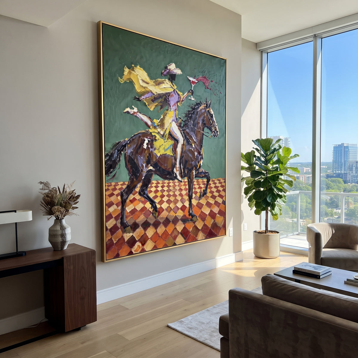 Yellow Rider Green Horse focuses on yellow western rider racing a brown horse across green ground and checker floor. The composition is built from the exact pose, clothing shape, accessories, furniture, animal form, shoreline, palm shape, surfboard, or table arrangement visible in this artwork, so the image reads as a specific modern figurative painting rather than a generic decorative abstract. The yellow; green; brown palette gives the piece its main atmosphere, while smaller dark and light