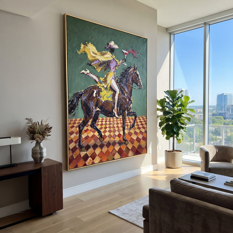"Yellow Rider Green Horse" - Modern Heavy Impasto Beach Figure Artwork | Yellow & Green Palette Knife Painting | Luxury Vertical Wall Art #PT 2691