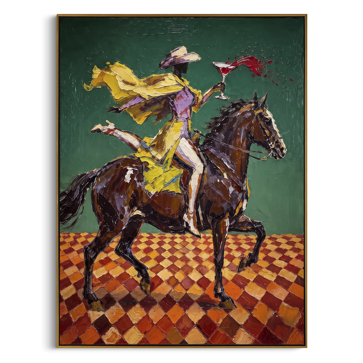 Yellow Rider Green Horse focuses on yellow western rider racing a brown horse across green ground and checker floor. The composition is built from the exact pose, clothing shape, accessories, furniture, animal form, shoreline, palm shape, surfboard, or table arrangement visible in this artwork, so the image reads as a specific modern figurative painting rather than a generic decorative abstract. The yellow; green; brown palette gives the piece its main atmosphere, while smaller dark and light