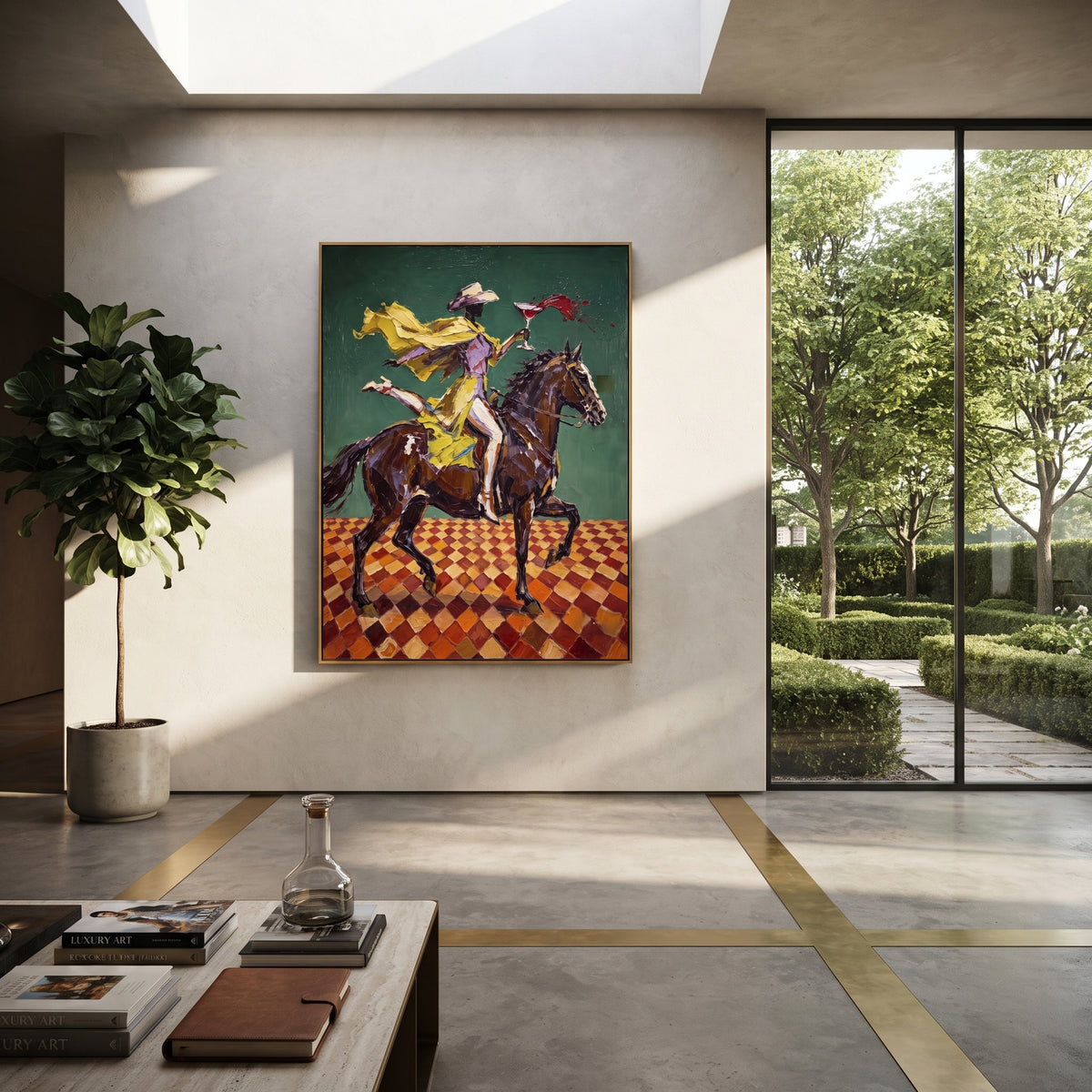 Yellow Rider Green Horse focuses on yellow western rider racing a brown horse across green ground and checker floor. The composition is built from the exact pose, clothing shape, accessories, furniture, animal form, shoreline, palm shape, surfboard, or table arrangement visible in this artwork, so the image reads as a specific modern figurative painting rather than a generic decorative abstract. The yellow; green; brown palette gives the piece its main atmosphere, while smaller dark and light