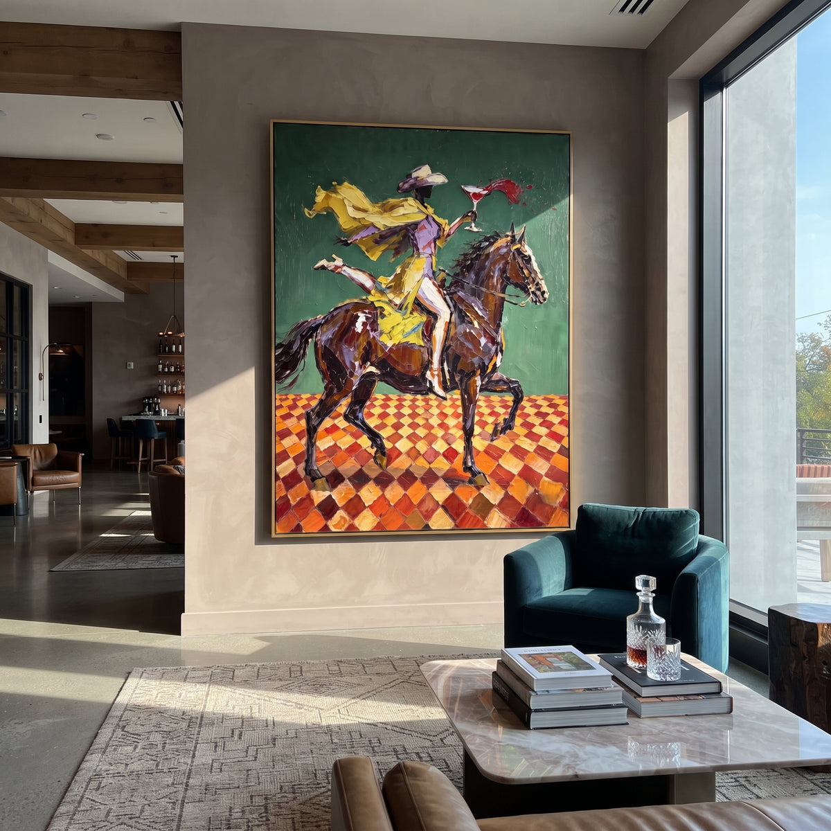 Yellow Rider Green Horse focuses on yellow western rider racing a brown horse across green ground and checker floor. The composition is built from the exact pose, clothing shape, accessories, furniture, animal form, shoreline, palm shape, surfboard, or table arrangement visible in this artwork, so the image reads as a specific modern figurative painting rather than a generic decorative abstract. The yellow; green; brown palette gives the piece its main atmosphere, while smaller dark and light