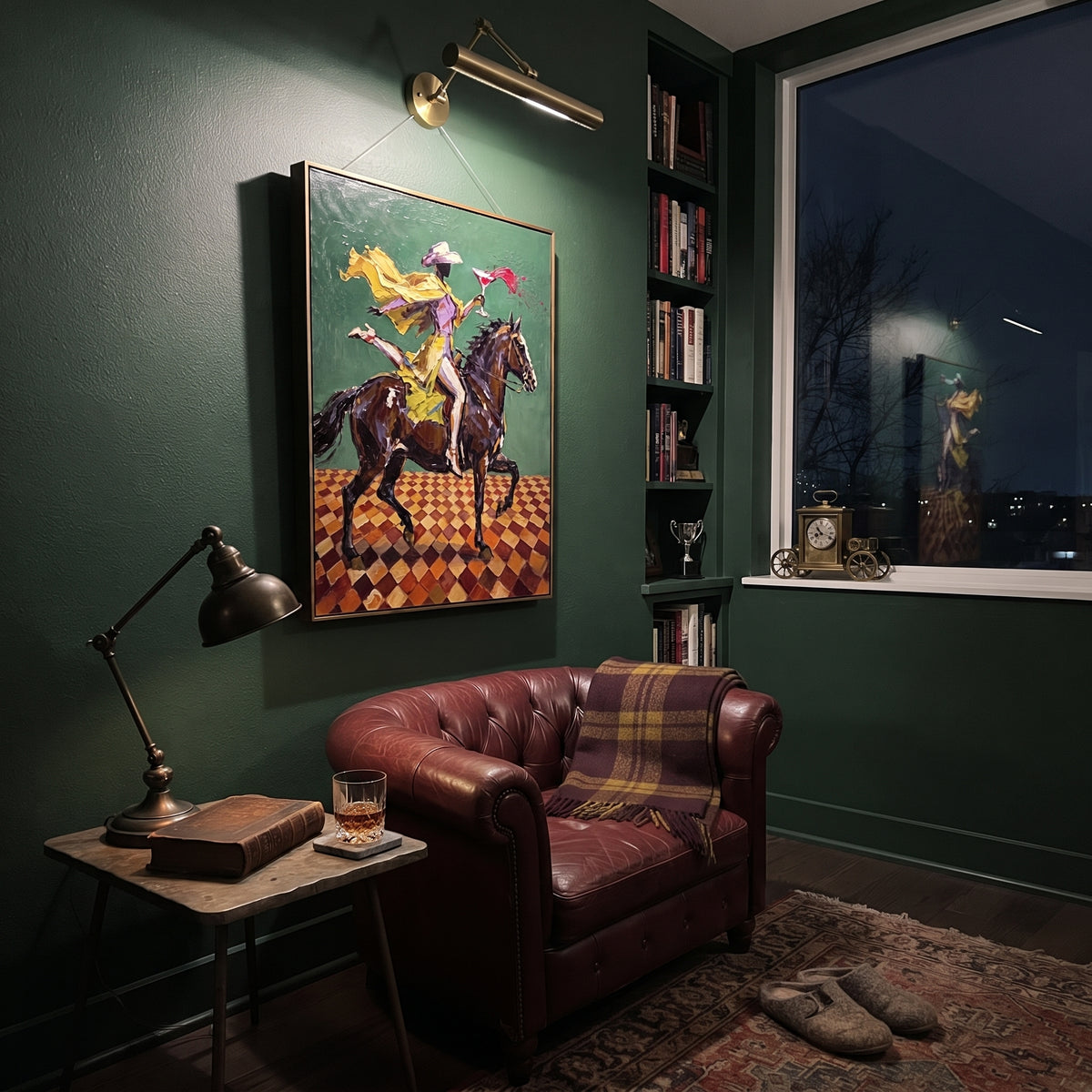 Yellow Rider Green Horse focuses on yellow western rider racing a brown horse across green ground and checker floor. The composition is built from the exact pose, clothing shape, accessories, furniture, animal form, shoreline, palm shape, surfboard, or table arrangement visible in this artwork, so the image reads as a specific modern figurative painting rather than a generic decorative abstract. The yellow; green; brown palette gives the piece its main atmosphere, while smaller dark and light