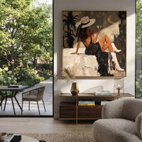 Moonlit Palm Cocktail Seat focuses on seated woman in black dress and white boots holding cocktail near palm silhouette and crescent moon. The composition is built from the exact pose, clothing shape, accessories, furniture, animal form, shoreline, palm shape, surfboard, or table arrangement visible in this artwork, so the image reads as a specific modern figurative painting rather than a generic decorative abstract. The taupe; black; cream palette gives the piece its main atmosphere, while