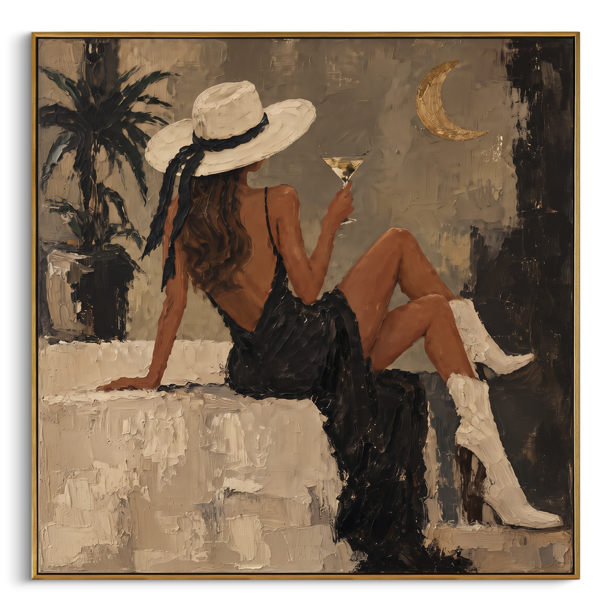 "Moonlit Palm Cocktail Seat" - Modern Heavy Impasto Beach Figure Artwork | Beige & Black Palette Knife Painting | Luxury Square Wall Art #PT 2692