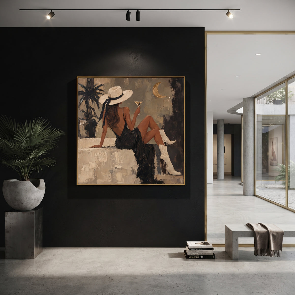 Moonlit Palm Cocktail Seat focuses on seated woman in black dress and white boots holding cocktail near palm silhouette and crescent moon. The composition is built from the exact pose, clothing shape, accessories, furniture, animal form, shoreline, palm shape, surfboard, or table arrangement visible in this artwork, so the image reads as a specific modern figurative painting rather than a generic decorative abstract. The taupe; black; cream palette gives the piece its main atmosphere, while