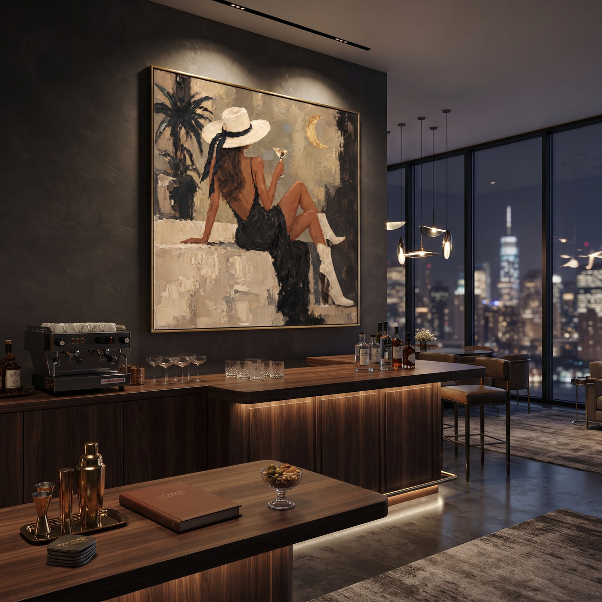 Moonlit Palm Cocktail Seat focuses on seated woman in black dress and white boots holding cocktail near palm silhouette and crescent moon. The composition is built from the exact pose, clothing shape, accessories, furniture, animal form, shoreline, palm shape, surfboard, or table arrangement visible in this artwork, so the image reads as a specific modern figurative painting rather than a generic decorative abstract. The taupe; black; cream palette gives the piece its main atmosphere, while