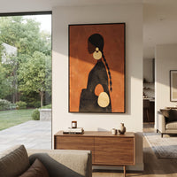 Orange Profile Gold Earrings focuses on profile portrait of black woman with long braid and oversized gold earrings on orange ground. The composition is built from the exact pose, clothing shape, accessories, furniture, animal form, shoreline, palm shape, surfboard, or table arrangement visible in this artwork, so the image reads as a specific modern figurative painting rather than a generic decorative abstract. The orange; black; gold palette gives the piece its main atmosphere, while smaller
