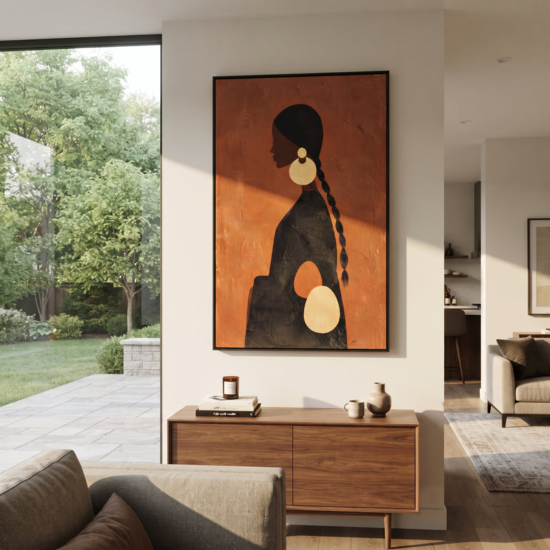 "Orange Profile Gold Earrings" - Modern Heavy Impasto Beach Figure Artwork | Orange & Black Palette Knife Painting | Luxury Vertical Wall Art #PT 2693