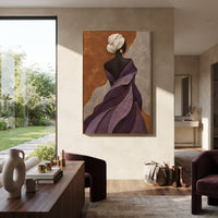 Purple Shawl Back Portrait focuses on back portrait of woman wrapped in purple sculptural shawl with gold earring and white hair wrap. The composition is built from the exact pose, clothing shape, accessories, furniture, animal form, shoreline, palm shape, surfboard, or table arrangement visible in this artwork, so the image reads as a specific modern figurative painting rather than a generic decorative abstract. The purple; black; gold palette gives the piece its main atmosphere, while smaller