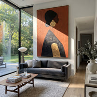 Orange Profile Gold Circle focuses on minimal profile woman in black dress with round gold earring and orange plaster ground. The composition is built from the exact pose, clothing shape, accessories, furniture, animal form, shoreline, palm shape, surfboard, or table arrangement visible in this artwork, so the image reads as a specific modern figurative painting rather than a generic decorative abstract. The orange; black; gold palette gives the piece its main atmosphere, while smaller dark and