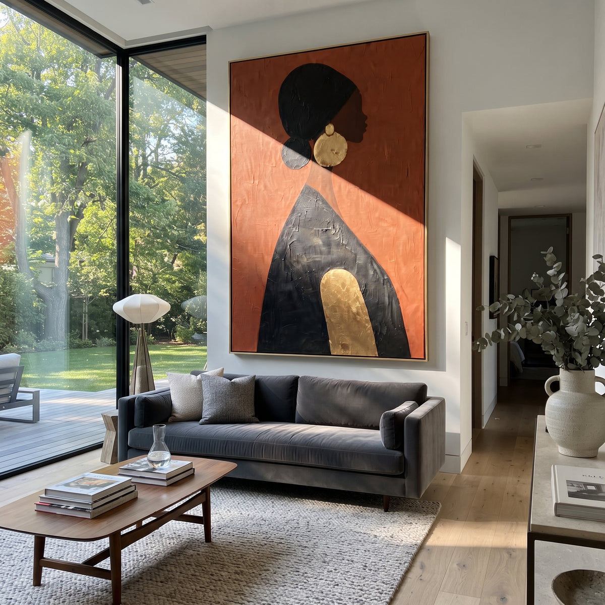 Orange Profile Gold Circle focuses on minimal profile woman in black dress with round gold earring and orange plaster ground. The composition is built from the exact pose, clothing shape, accessories, furniture, animal form, shoreline, palm shape, surfboard, or table arrangement visible in this artwork, so the image reads as a specific modern figurative painting rather than a generic decorative abstract. The orange; black; gold palette gives the piece its main atmosphere, while smaller dark and