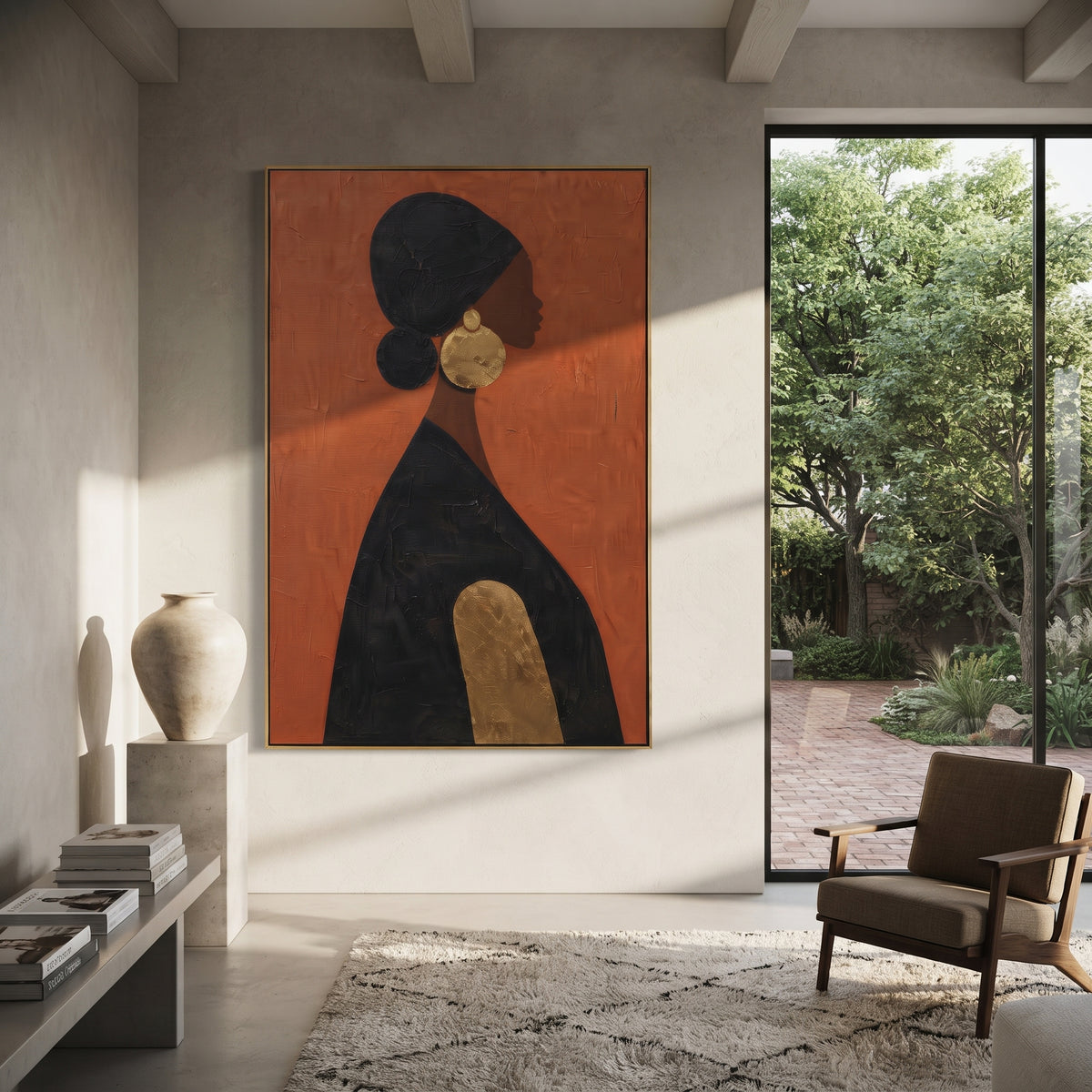 Orange Profile Gold Circle focuses on minimal profile woman in black dress with round gold earring and orange plaster ground. The composition is built from the exact pose, clothing shape, accessories, furniture, animal form, shoreline, palm shape, surfboard, or table arrangement visible in this artwork, so the image reads as a specific modern figurative painting rather than a generic decorative abstract. The orange; black; gold palette gives the piece its main atmosphere, while smaller dark and