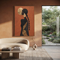 Gold Moon Braid Back focuses on back view black female silhouette with braid, gold moon disc, and bronze diagonal accent. The composition is built from the exact pose, clothing shape, accessories, furniture, animal form, shoreline, palm shape, surfboard, or table arrangement visible in this artwork, so the image reads as a specific modern figurative painting rather than a generic decorative abstract. The orange; black; gold palette gives the piece its main atmosphere, while smaller dark and