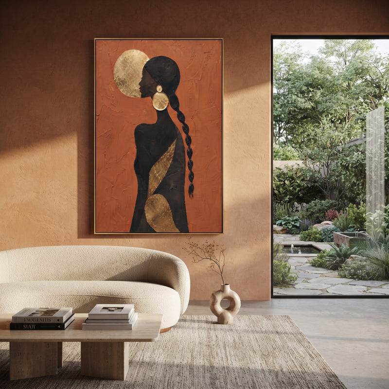 "Gold Moon Braid Back" - Modern Heavy Impasto Beach Figure Artwork | Orange & Black Palette Knife Painting | Luxury Vertical Wall Art #PT 2696