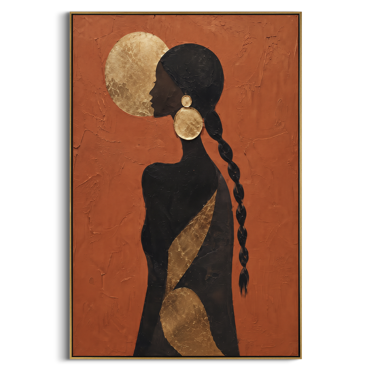 "Gold Moon Braid Back" - Modern Heavy Impasto Beach Figure Artwork | Orange & Black Palette Knife Painting | Luxury Vertical Wall Art #PT 2696