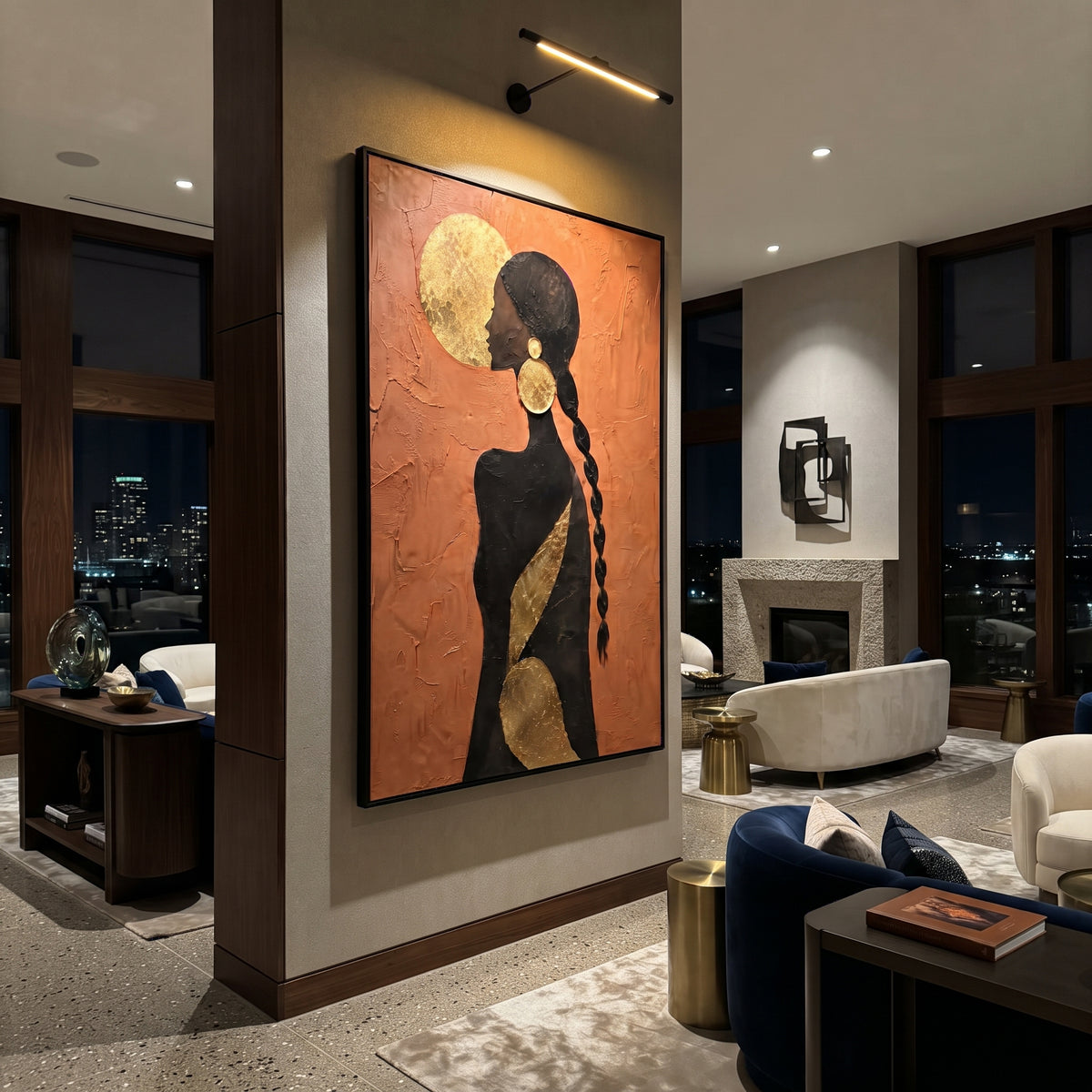 Gold Moon Braid Back focuses on back view black female silhouette with braid, gold moon disc, and bronze diagonal accent. The composition is built from the exact pose, clothing shape, accessories, furniture, animal form, shoreline, palm shape, surfboard, or table arrangement visible in this artwork, so the image reads as a specific modern figurative painting rather than a generic decorative abstract. The orange; black; gold palette gives the piece its main atmosphere, while smaller dark and