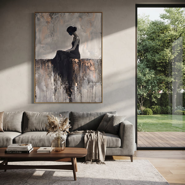 "Grey Seated Black Dress" - Modern Heavy Impasto Beach Figure Artwork | Grey & Black Palette Knife Painting | Luxury Vertical Wall Art #PT 2697
