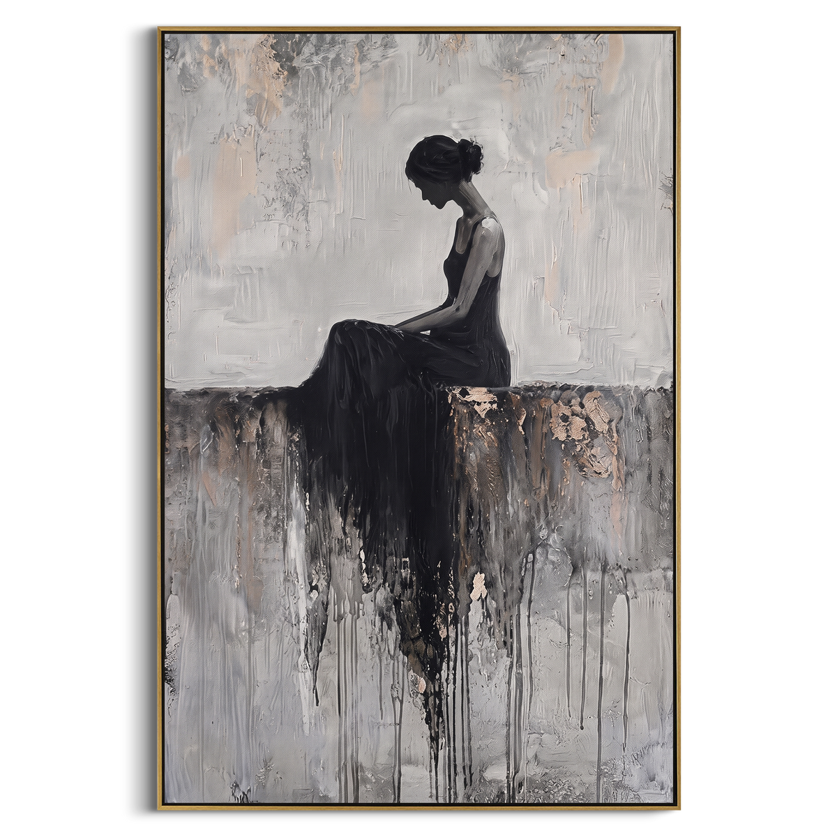 "Grey Seated Black Dress" - Modern Heavy Impasto Beach Figure Artwork | Grey & Black Palette Knife Painting | Luxury Vertical Wall Art #PT 2697