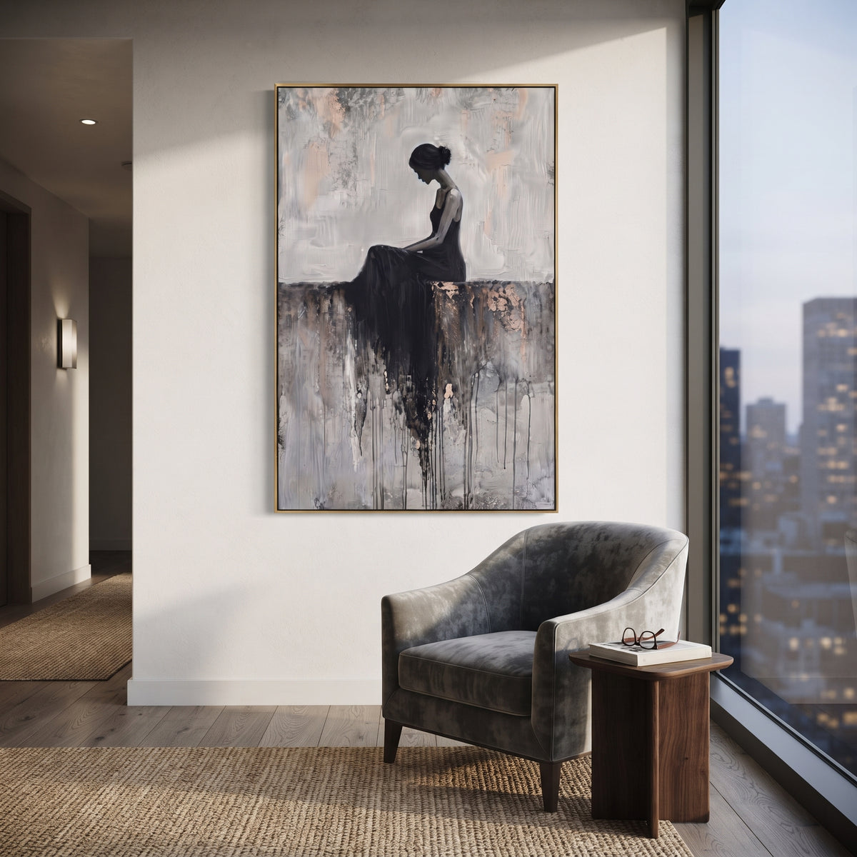 Grey Seated Black Dress focuses on quiet seated female silhouette in black dress on grey ledge with pale textured wall. The composition is built from the exact pose, clothing shape, accessories, furniture, animal form, shoreline, palm shape, surfboard, or table arrangement visible in this artwork, so the image reads as a specific modern figurative painting rather than a generic decorative abstract. The grey; black; white palette gives the piece its main atmosphere, while smaller dark and light