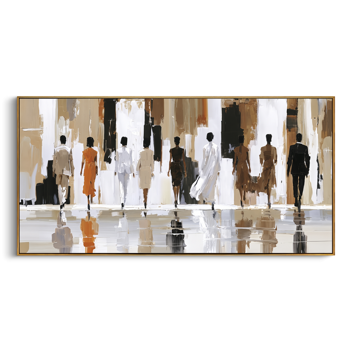 Runway Crowd Reflection focuses on horizontal runway crowd seen from behind with cream, black, ochre figures and glossy reflections. The composition is built from the exact pose, clothing shape, accessories, furniture, animal form, shoreline, palm shape, surfboard, or table arrangement visible in this artwork, so the image reads as a specific modern figurative painting rather than a generic decorative abstract. The cream; black; ochre palette gives the piece its main atmosphere, while smaller