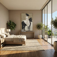 White Dress Black Horse Back focuses on back view rider in white dress on black horse with soft sage beige field. The composition is built from the exact pose, clothing shape, accessories, furniture, animal form, shoreline, palm shape, surfboard, or table arrangement visible in this artwork, so the image reads as a specific modern figurative painting rather than a generic decorative abstract. The white; black; sage palette gives the piece its main atmosphere, while smaller dark and light accents