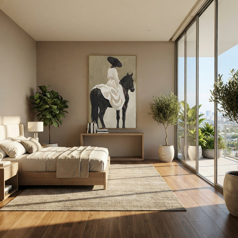 "White Dress Black Horse Back" - Modern Heavy Impasto Beach Figure Artwork | White & Black Palette Knife Painting | Luxury Vertical Wall Art #PT 2699