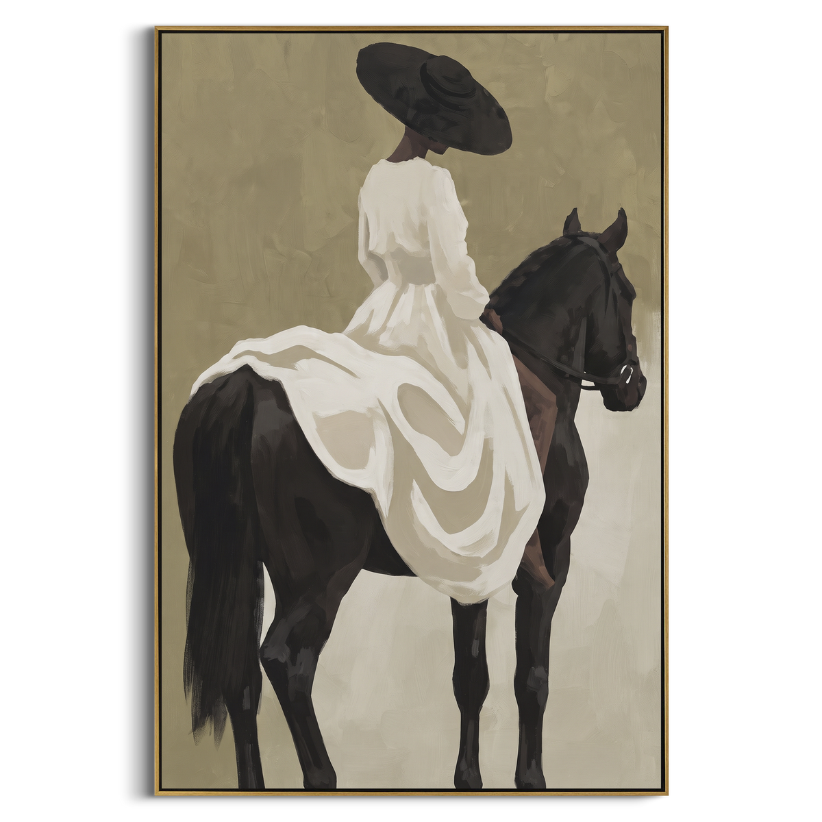 White Dress Black Horse Back focuses on back view rider in white dress on black horse with soft sage beige field. The composition is built from the exact pose, clothing shape, accessories, furniture, animal form, shoreline, palm shape, surfboard, or table arrangement visible in this artwork, so the image reads as a specific modern figurative painting rather than a generic decorative abstract. The white; black; sage palette gives the piece its main atmosphere, while smaller dark and light accents
