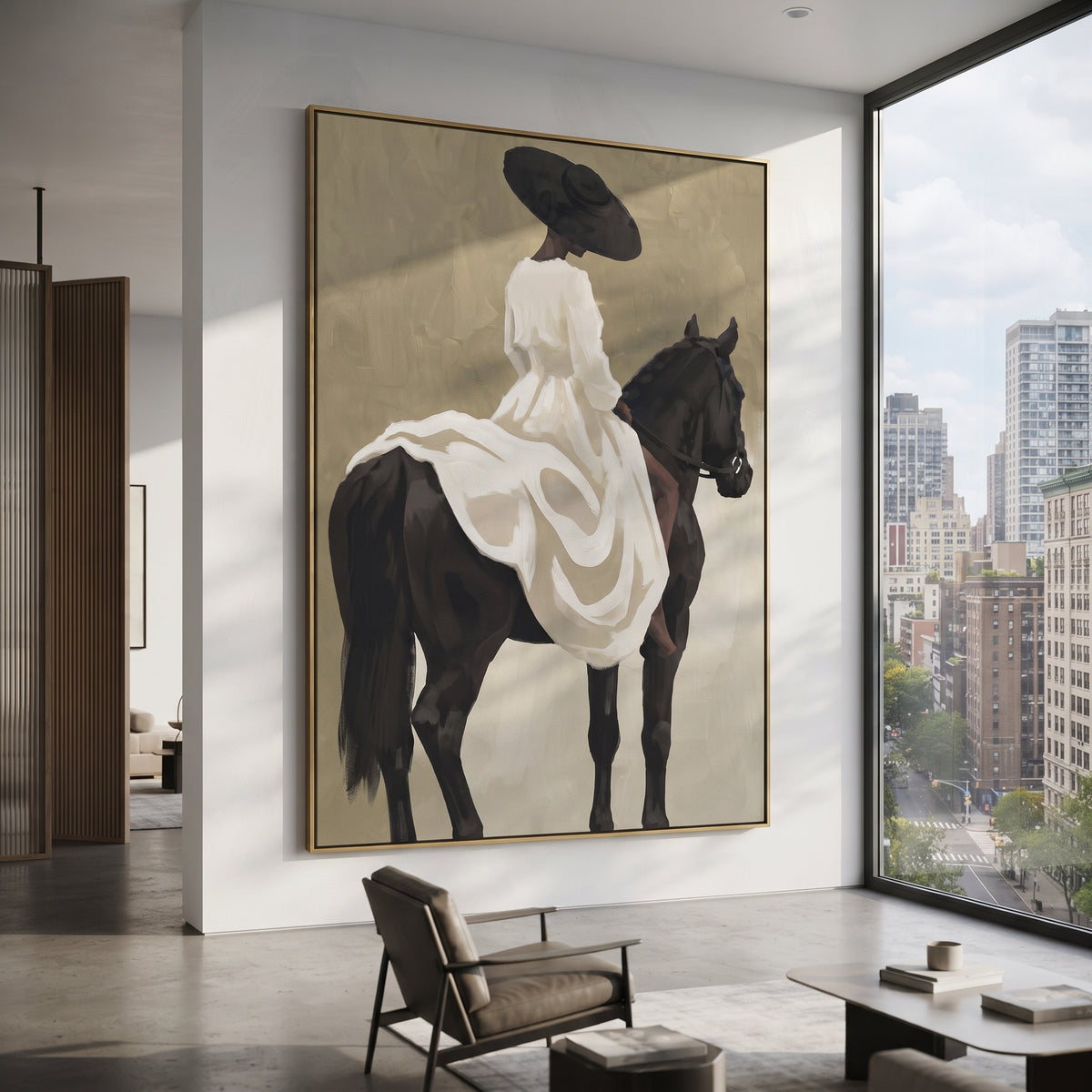 White Dress Black Horse Back focuses on back view rider in white dress on black horse with soft sage beige field. The composition is built from the exact pose, clothing shape, accessories, furniture, animal form, shoreline, palm shape, surfboard, or table arrangement visible in this artwork, so the image reads as a specific modern figurative painting rather than a generic decorative abstract. The white; black; sage palette gives the piece its main atmosphere, while smaller dark and light accents
