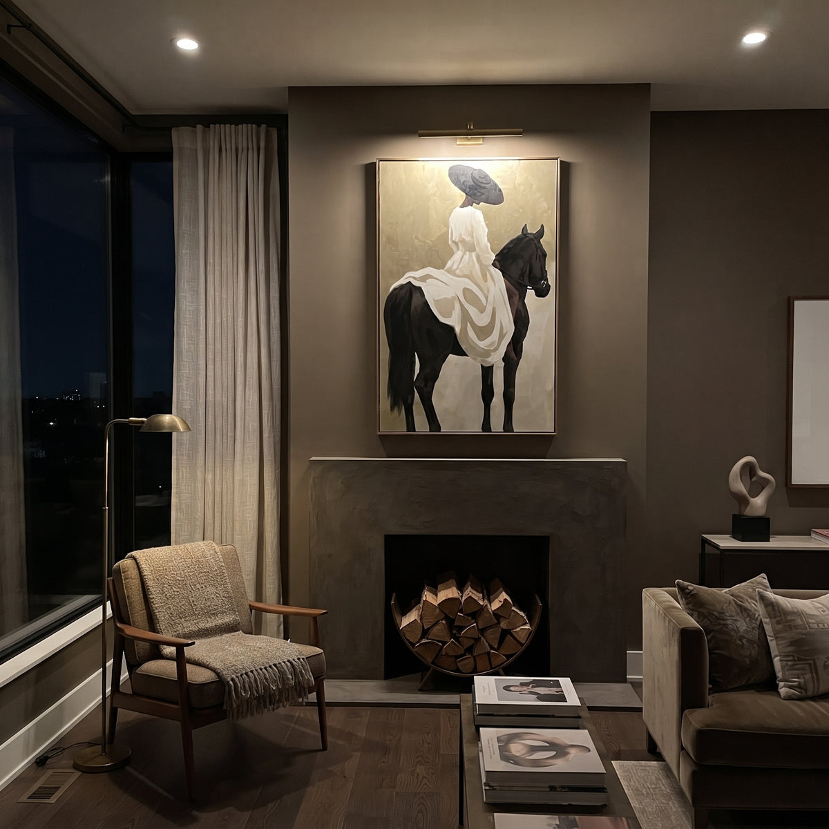 White Dress Black Horse Back focuses on back view rider in white dress on black horse with soft sage beige field. The composition is built from the exact pose, clothing shape, accessories, furniture, animal form, shoreline, palm shape, surfboard, or table arrangement visible in this artwork, so the image reads as a specific modern figurative painting rather than a generic decorative abstract. The white; black; sage palette gives the piece its main atmosphere, while smaller dark and light accents