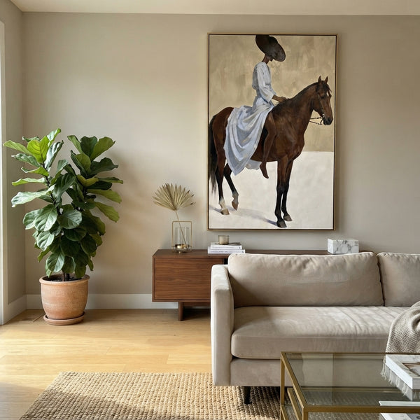 "Blue Dress Horse Ride" - Modern Heavy Impasto Beach Figure Artwork | Blue & Brown Palette Knife Painting | Luxury Vertical Wall Art #PT 2700