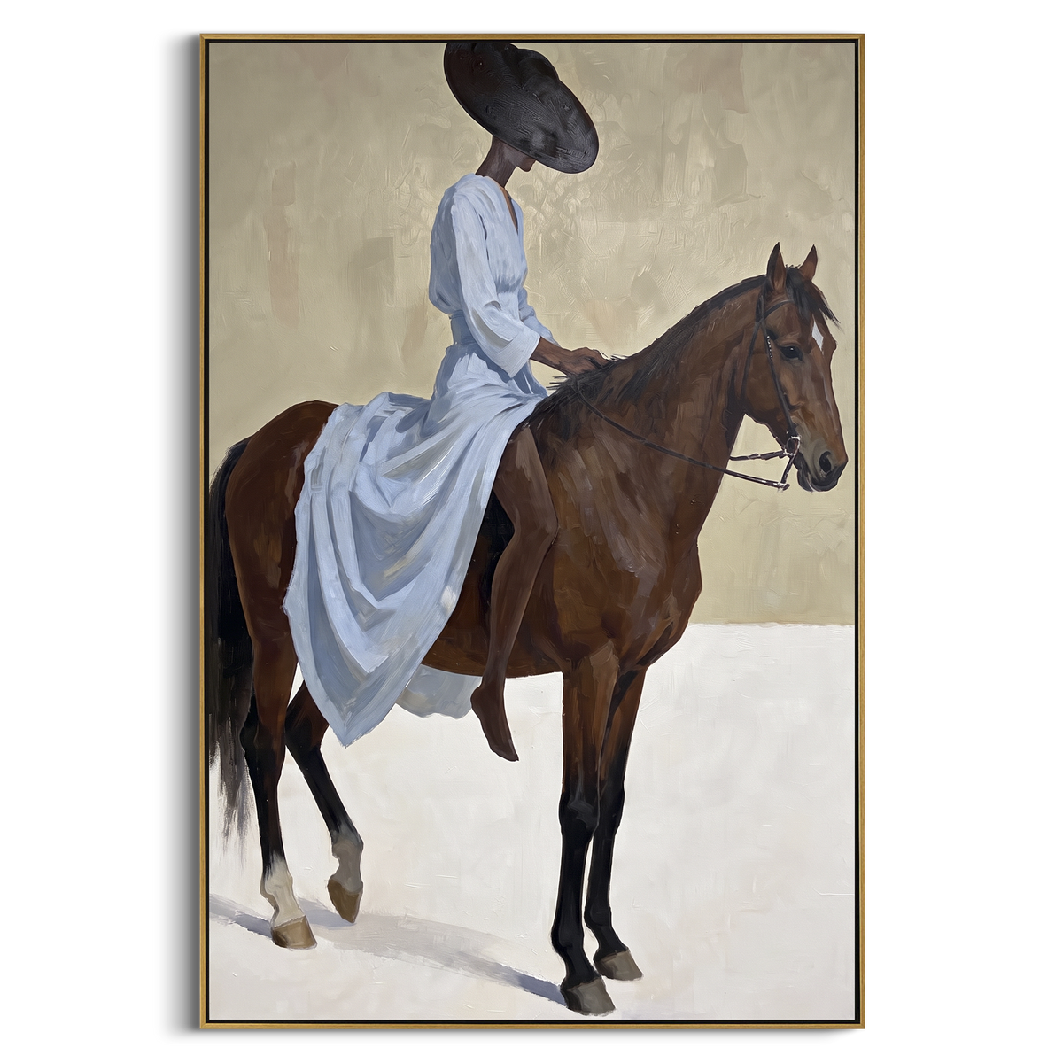 Blue Dress Horse Ride focuses on woman in pale blue dress riding brown horse across bright white ground. The composition is built from the exact pose, clothing shape, accessories, furniture, animal form, shoreline, palm shape, surfboard, or table arrangement visible in this artwork, so the image reads as a specific modern figurative painting rather than a generic decorative abstract. The blue; brown; cream palette gives the piece its main atmosphere, while smaller dark and light accents define
