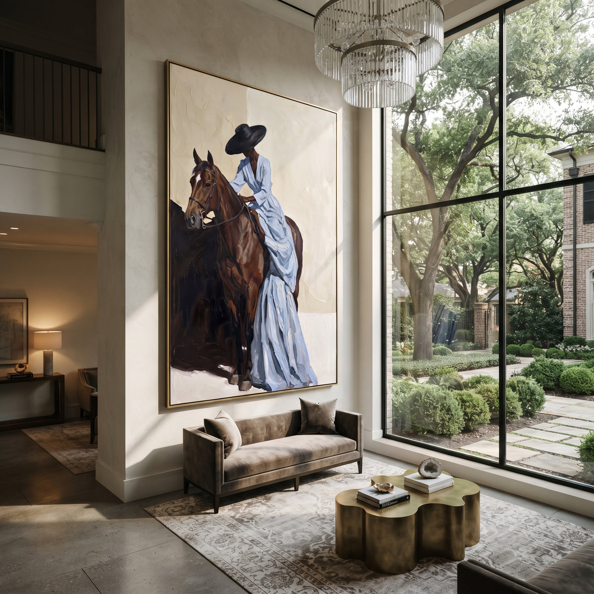 Blue Dress Horse Lean focuses on woman in pale blue dress leaning over brown horse with black hat and cream wall. The composition is built from the exact pose, clothing shape, accessories, furniture, animal form, shoreline, palm shape, surfboard, or table arrangement visible in this artwork, so the image reads as a specific modern figurative painting rather than a generic decorative abstract. The blue; brown; cream palette gives the piece its main atmosphere, while smaller dark and light accents