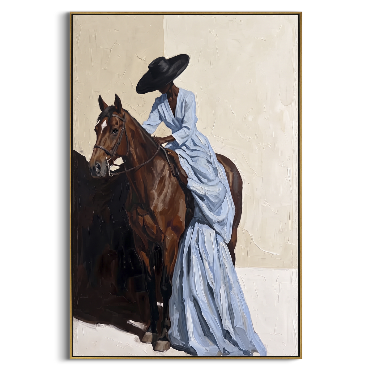 Blue Dress Horse Lean focuses on woman in pale blue dress leaning over brown horse with black hat and cream wall. The composition is built from the exact pose, clothing shape, accessories, furniture, animal form, shoreline, palm shape, surfboard, or table arrangement visible in this artwork, so the image reads as a specific modern figurative painting rather than a generic decorative abstract. The blue; brown; cream palette gives the piece its main atmosphere, while smaller dark and light accents