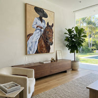 Blue Dress Horse Close Reins focuses on blue dress horse close reins with pale blue dress, broad black hat, brown horse body, reins, shadows, and cream studio ground. The composition is built from the exact pose, clothing shape, accessories, furniture, animal form, shoreline, palm shape, surfboard, or table arrangement visible in this artwork, so the image reads as a specific modern figurative painting rather than a generic decorative abstract. The blue; brown; cream palette gives the piece its