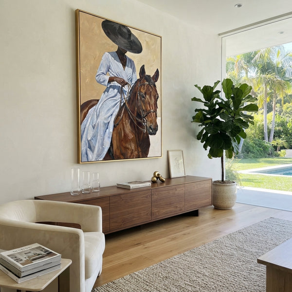 "Blue Dress Horse Close Reins" - Modern Heavy Impasto Beach Figure Artwork | Blue & Brown Palette Knife Painting | Luxury Vertical Wall Art #PT 2702