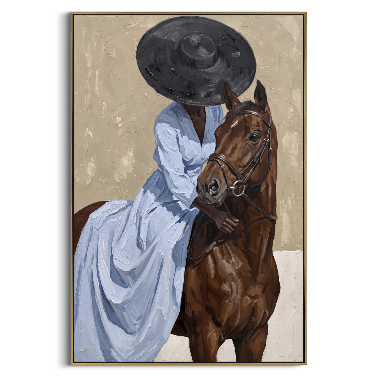 "Blue Dress Horse Embrace" - Modern Heavy Impasto Beach Figure Artwork | Blue & Brown Palette Knife Painting | Luxury Vertical Wall Art #PT 2703