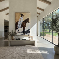 Blue Dress Full Horse Shadow focuses on blue dress full horse shadow with pale blue dress, broad black hat, brown horse body, reins, shadows, and cream studio ground. The composition is built from the exact pose, clothing shape, accessories, furniture, animal form, shoreline, palm shape, surfboard, or table arrangement visible in this artwork, so the image reads as a specific modern figurative painting rather than a generic decorative abstract. The blue; brown; cream palette gives the piece its