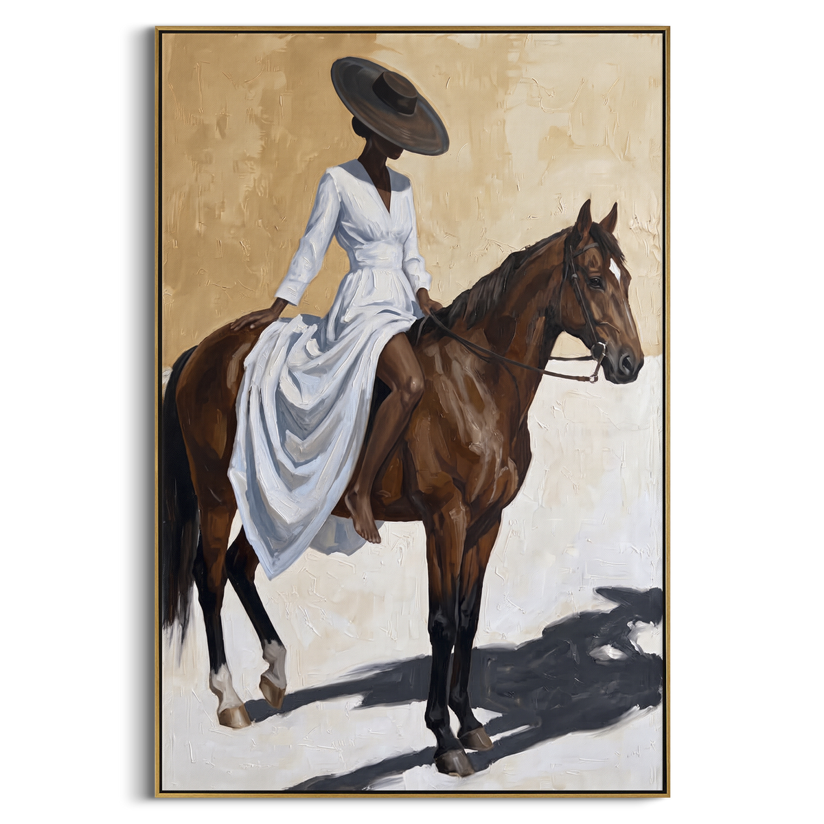 Blue Dress Full Horse Shadow focuses on blue dress full horse shadow with pale blue dress, broad black hat, brown horse body, reins, shadows, and cream studio ground. The composition is built from the exact pose, clothing shape, accessories, furniture, animal form, shoreline, palm shape, surfboard, or table arrangement visible in this artwork, so the image reads as a specific modern figurative painting rather than a generic decorative abstract. The blue; brown; cream palette gives the piece its
